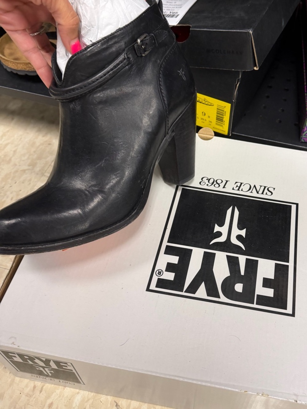 Frye Black Leather Ankle Boot with Block Heel and Buckle